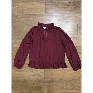 Le‎ Kate Burgundy Smocked Ruffle Neck Tie Front Long Sleeve Blouse Large AT3025